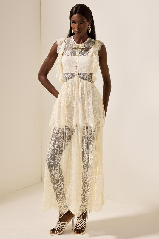 Lace Bow Frill Round Neck Midi Dress