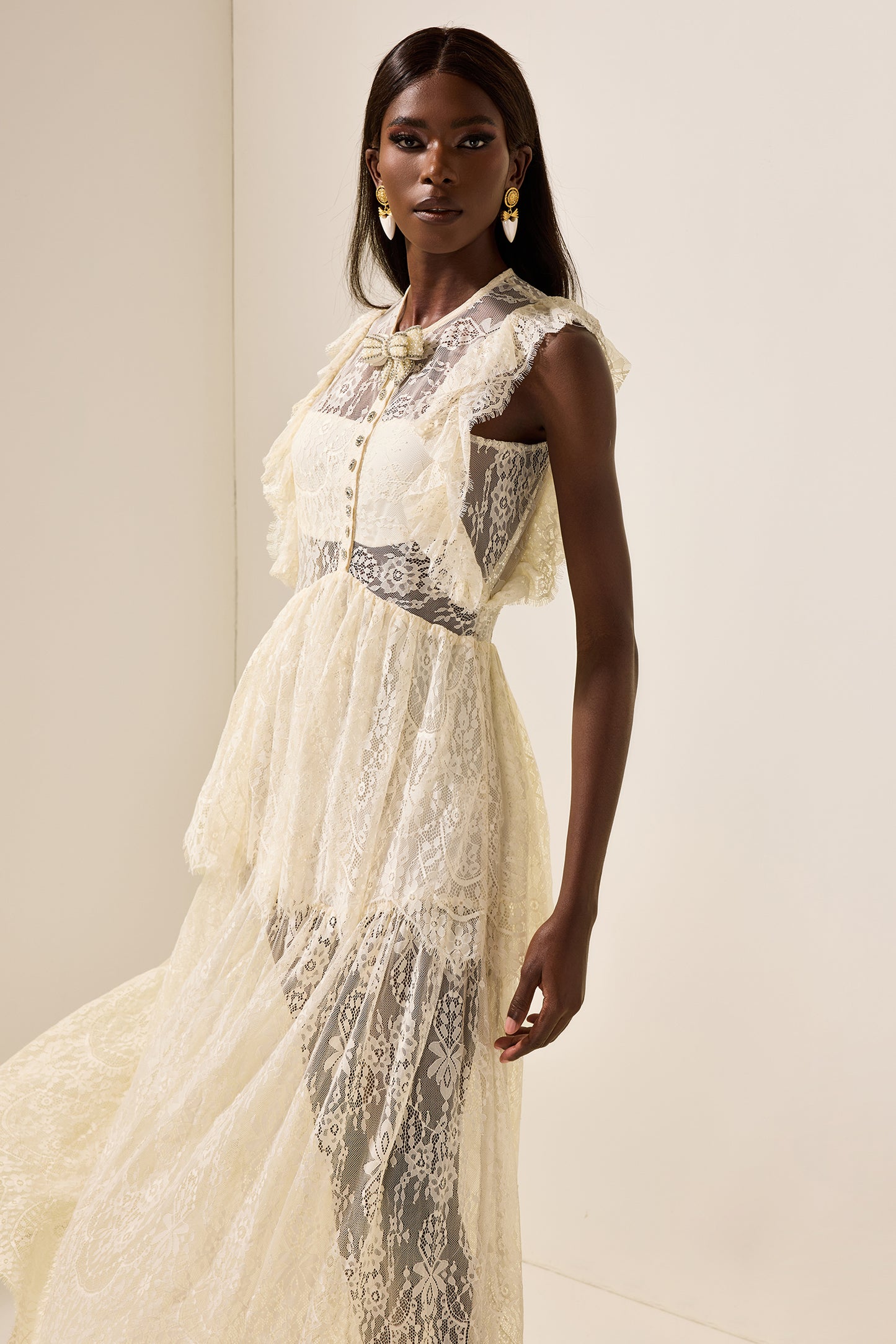 Lace Bow Frill Round Neck Midi Dress