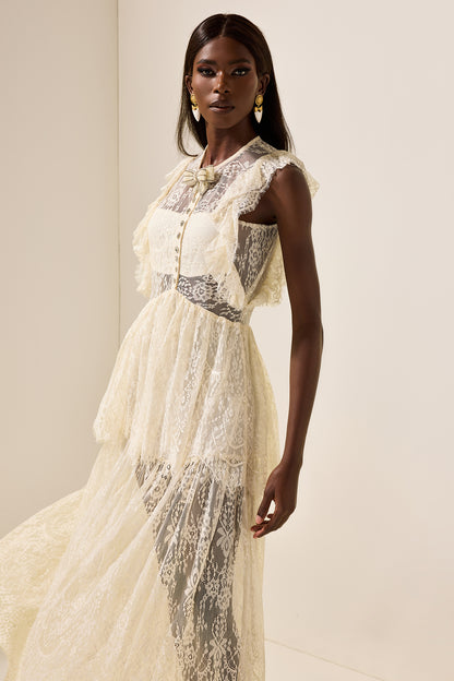 Lace Bow Frill Round Neck Midi Dress