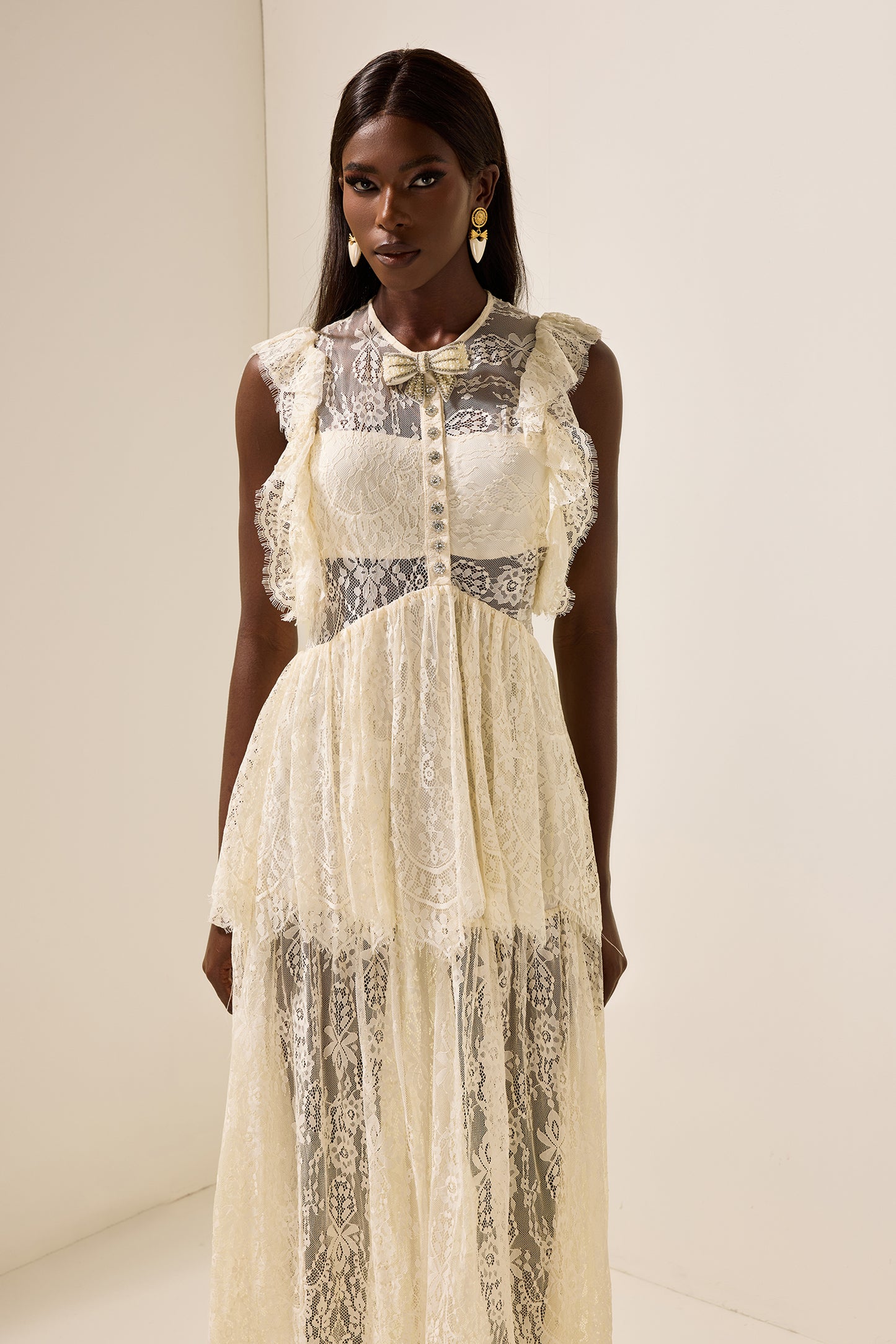 Lace Bow Frill Round Neck Midi Dress