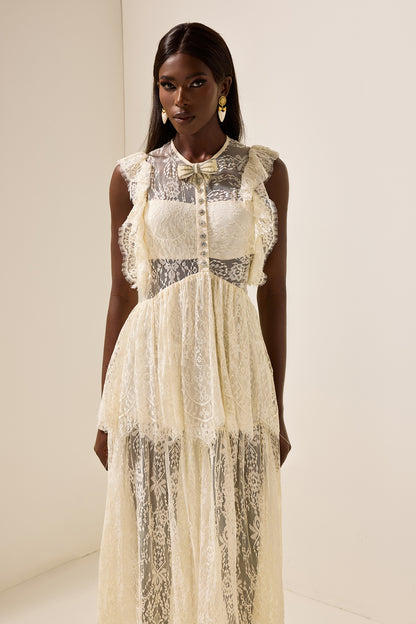 Lace Bow Frill Round Neck Midi Dress