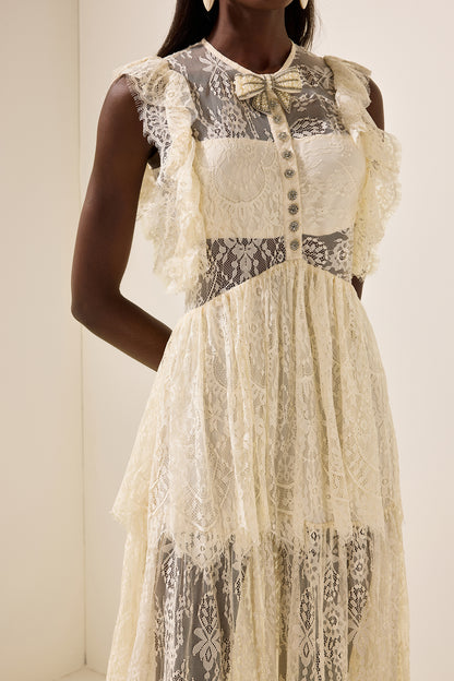 Lace Bow Frill Round Neck Midi Dress