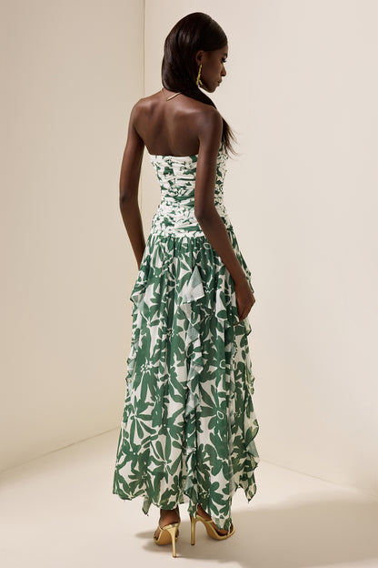 Floral Ruched Strapless Midi Dress