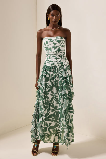 Floral Ruched Strapless Midi Dress