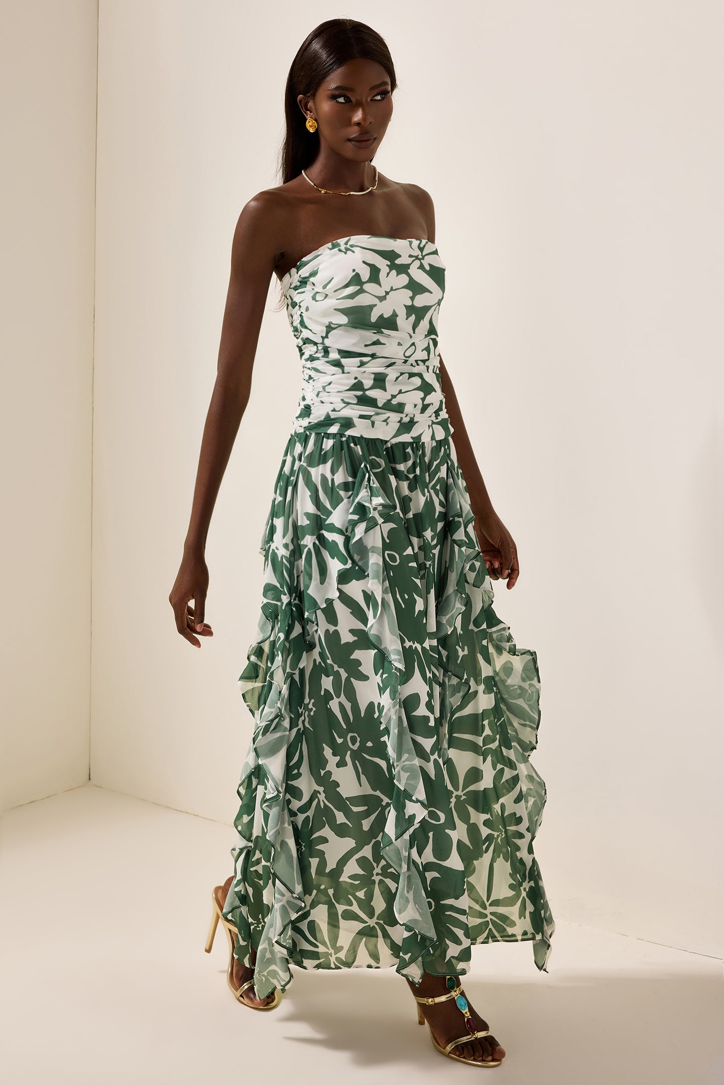 Floral Ruched Strapless Midi Dress