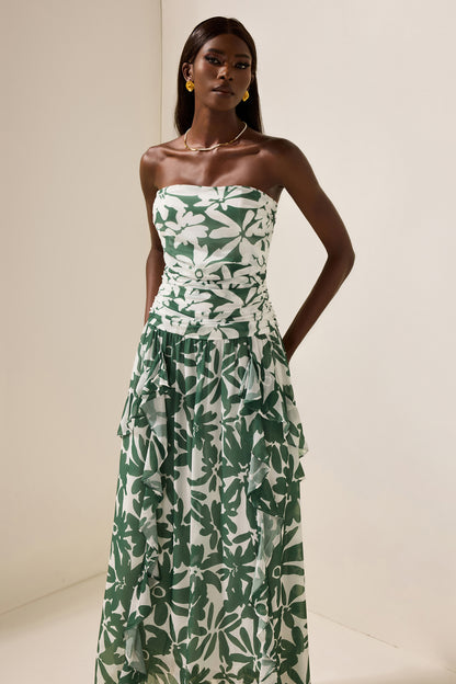 Floral Ruched Strapless Midi Dress
