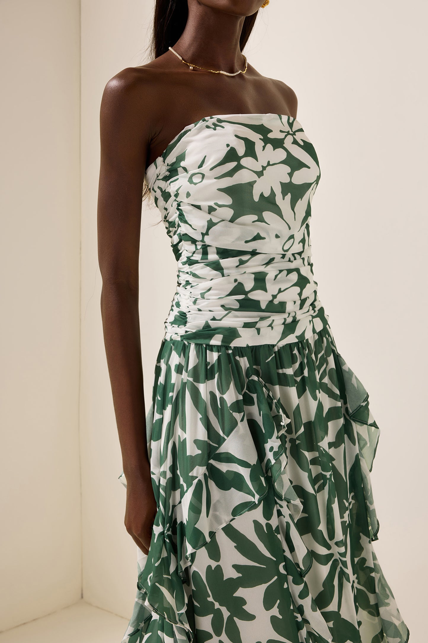 Floral Ruched Strapless Midi Dress