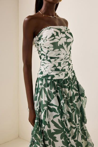 Floral Ruched Strapless Midi Dress