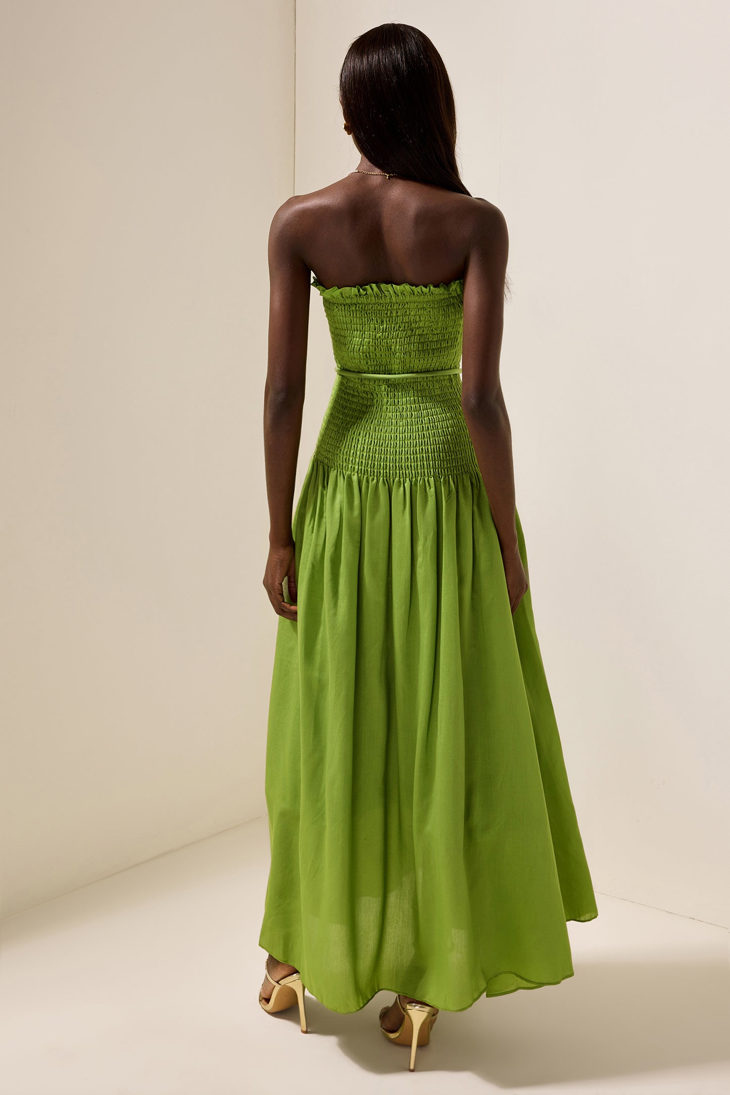 Solid Smocking Sleeveless Midi Dress