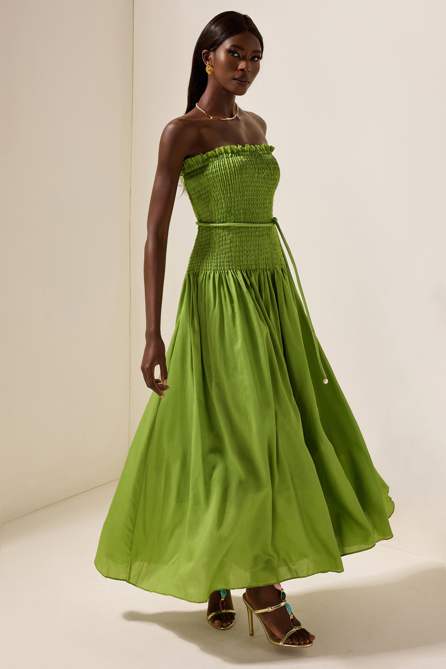 Solid Smocking Sleeveless Midi Dress