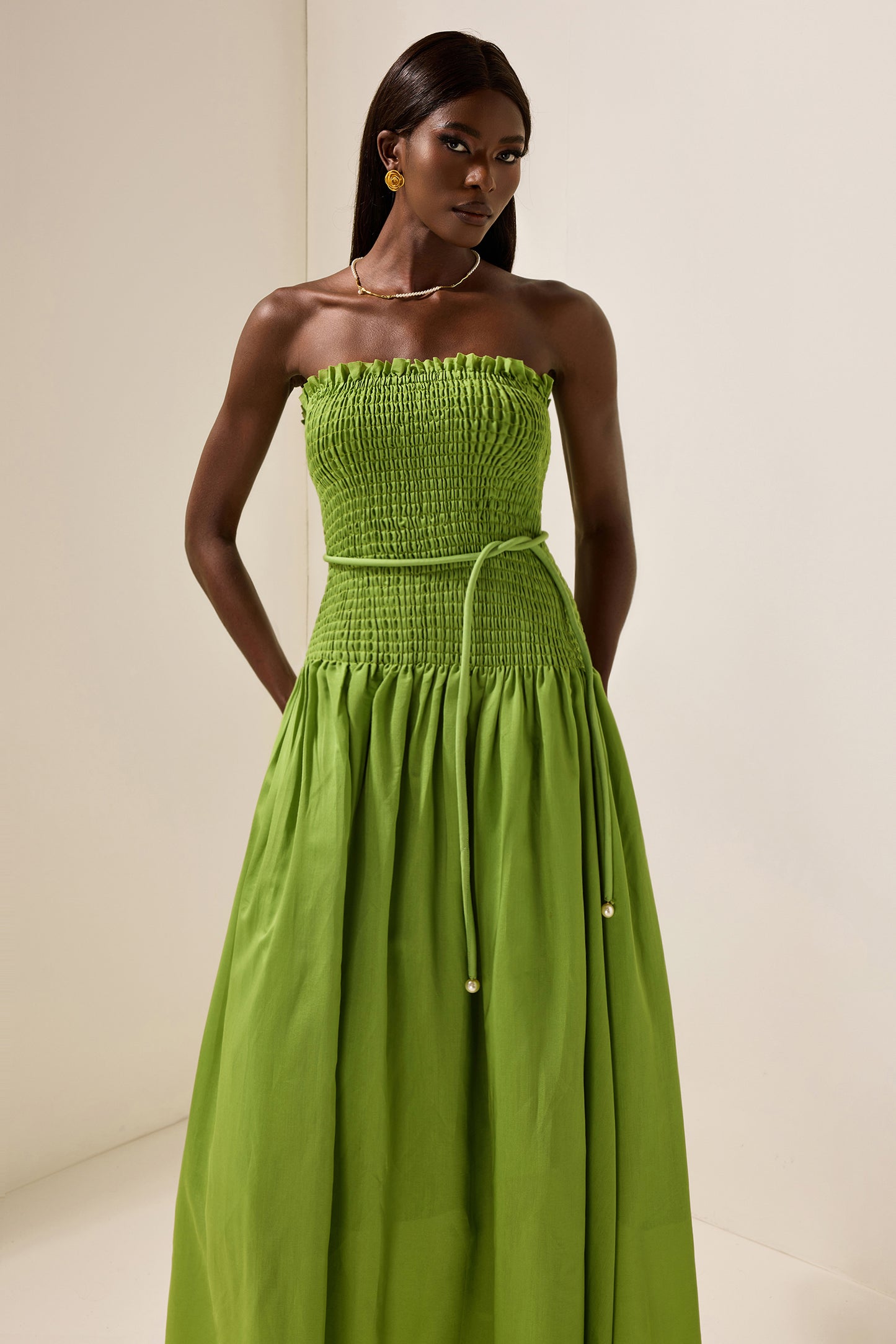 Solid Smocking Sleeveless Midi Dress