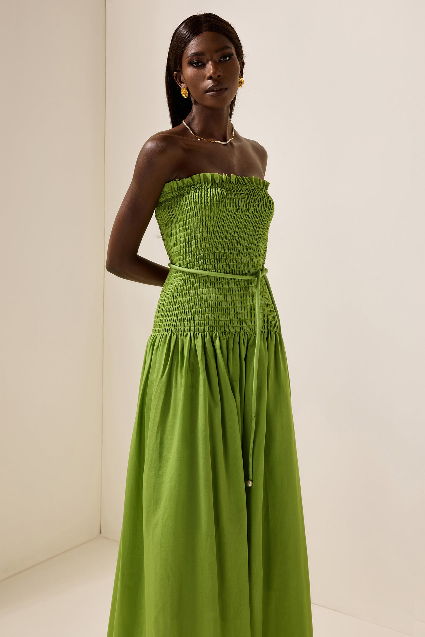 Solid Smocking Sleeveless Midi Dress