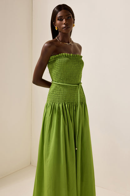 Solid Smocking Sleeveless Midi Dress