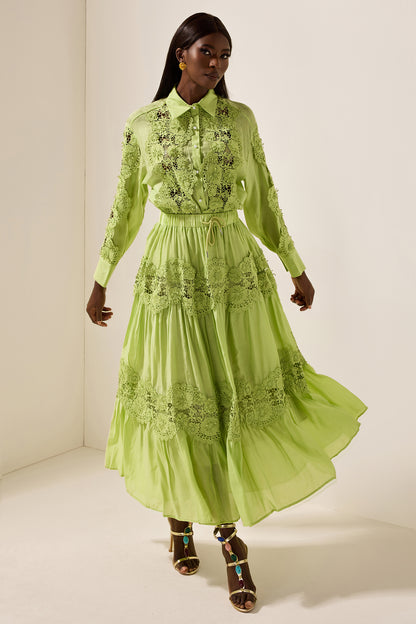 Embroidered Lace Solid Top ＆ Lace Mid Waist Midi Skirt Set