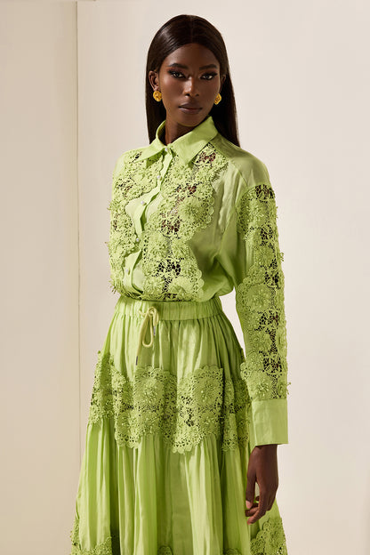 Embroidered Lace Solid Top ＆ Lace Mid Waist Midi Skirt Set