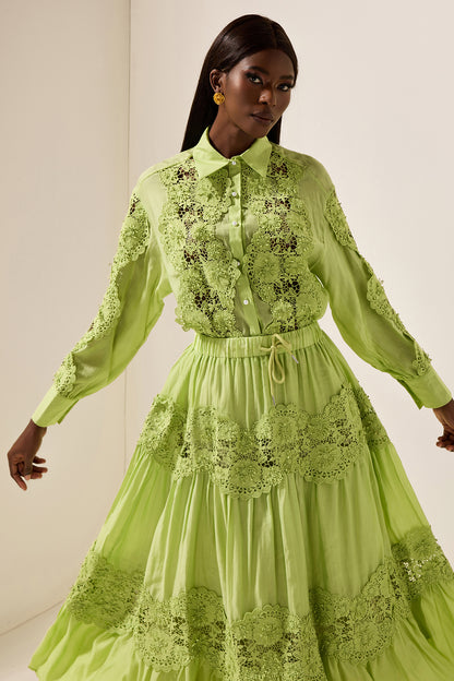 Embroidered Lace Solid Top ＆ Lace Mid Waist Midi Skirt Set