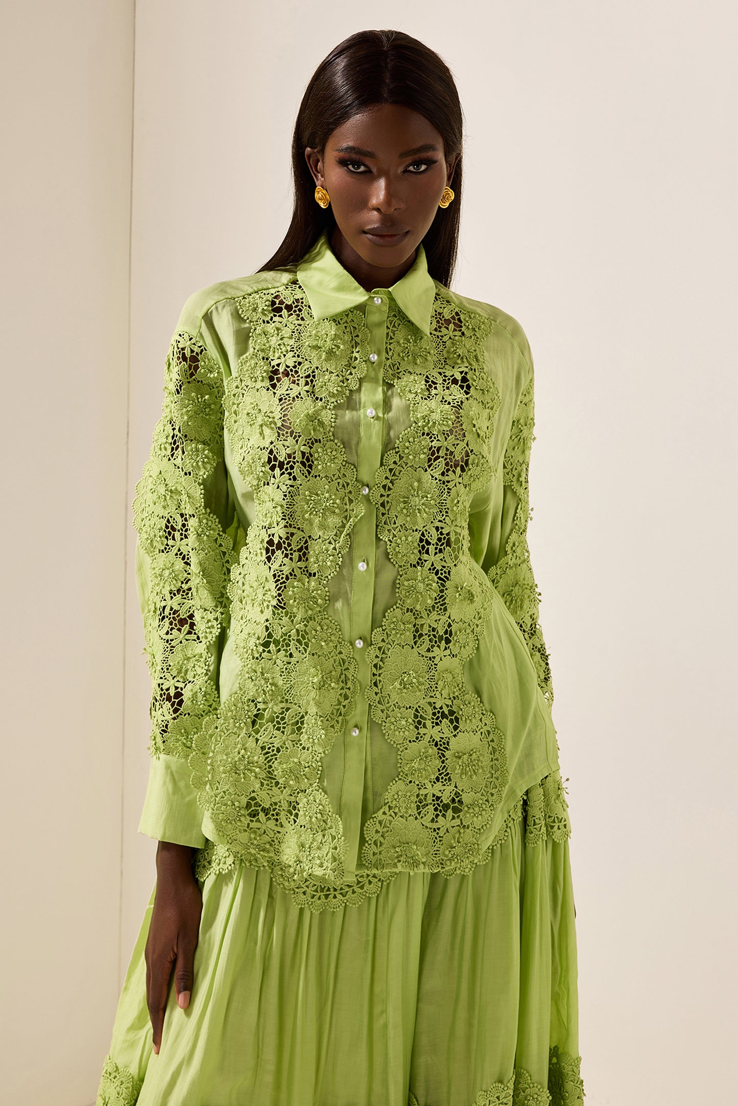 Embroidered Lace Solid Top ＆ Lace Mid Waist Midi Skirt Set