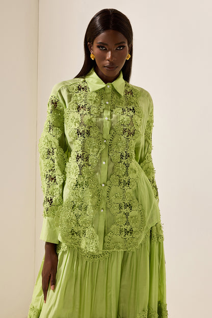 Embroidered Lace Solid Top ＆ Lace Mid Waist Midi Skirt Set