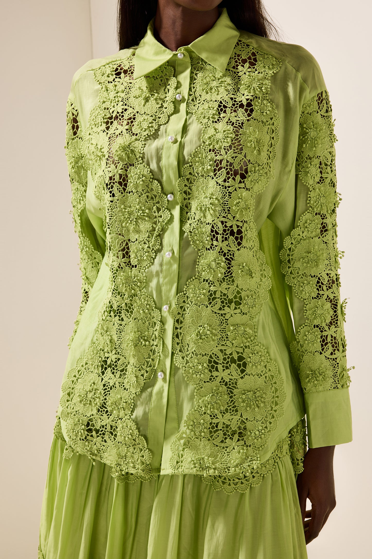 Embroidered Lace Solid Top ＆ Lace Mid Waist Midi Skirt Set