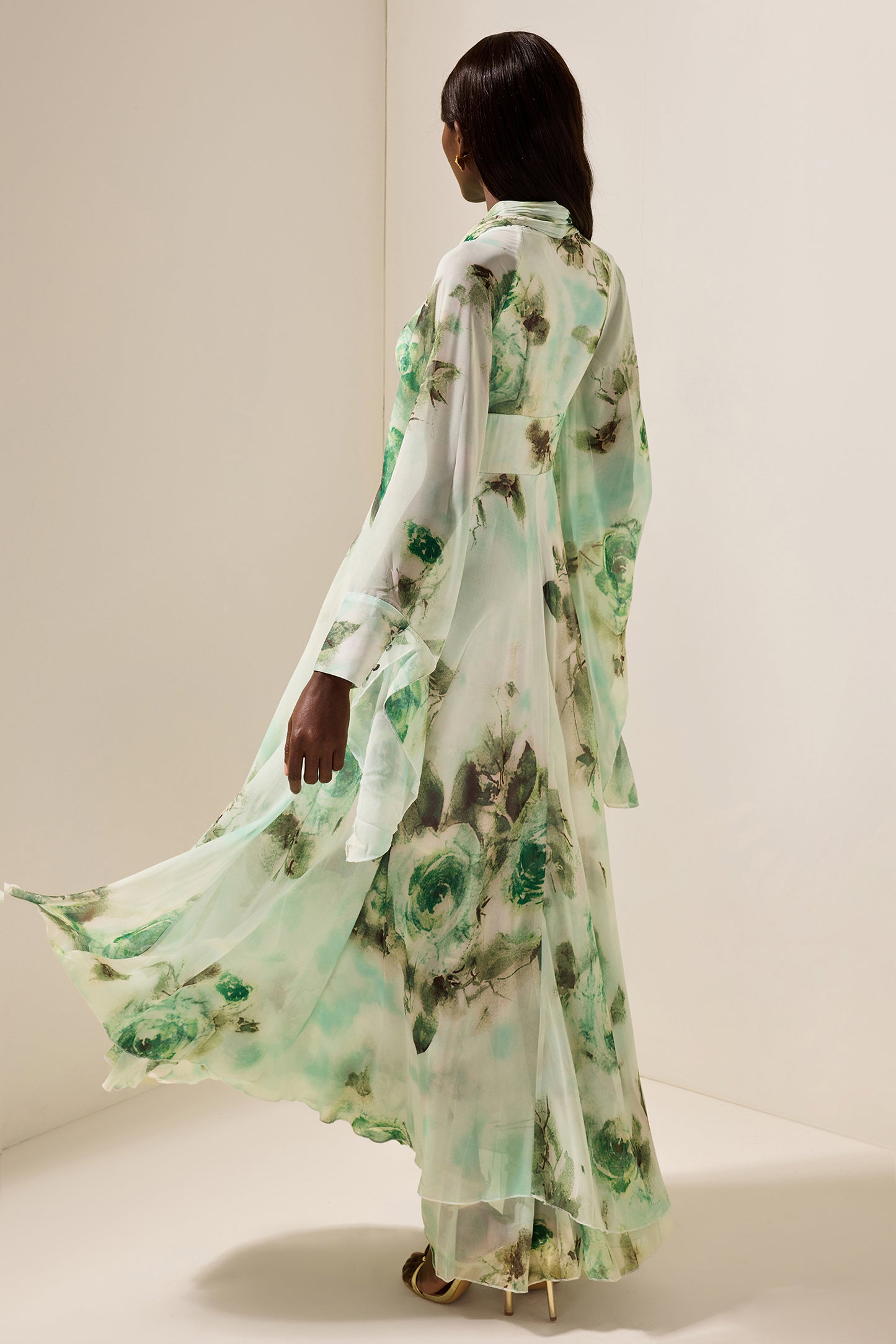 Floral Lace Up Long Sleeve Maxi Dress