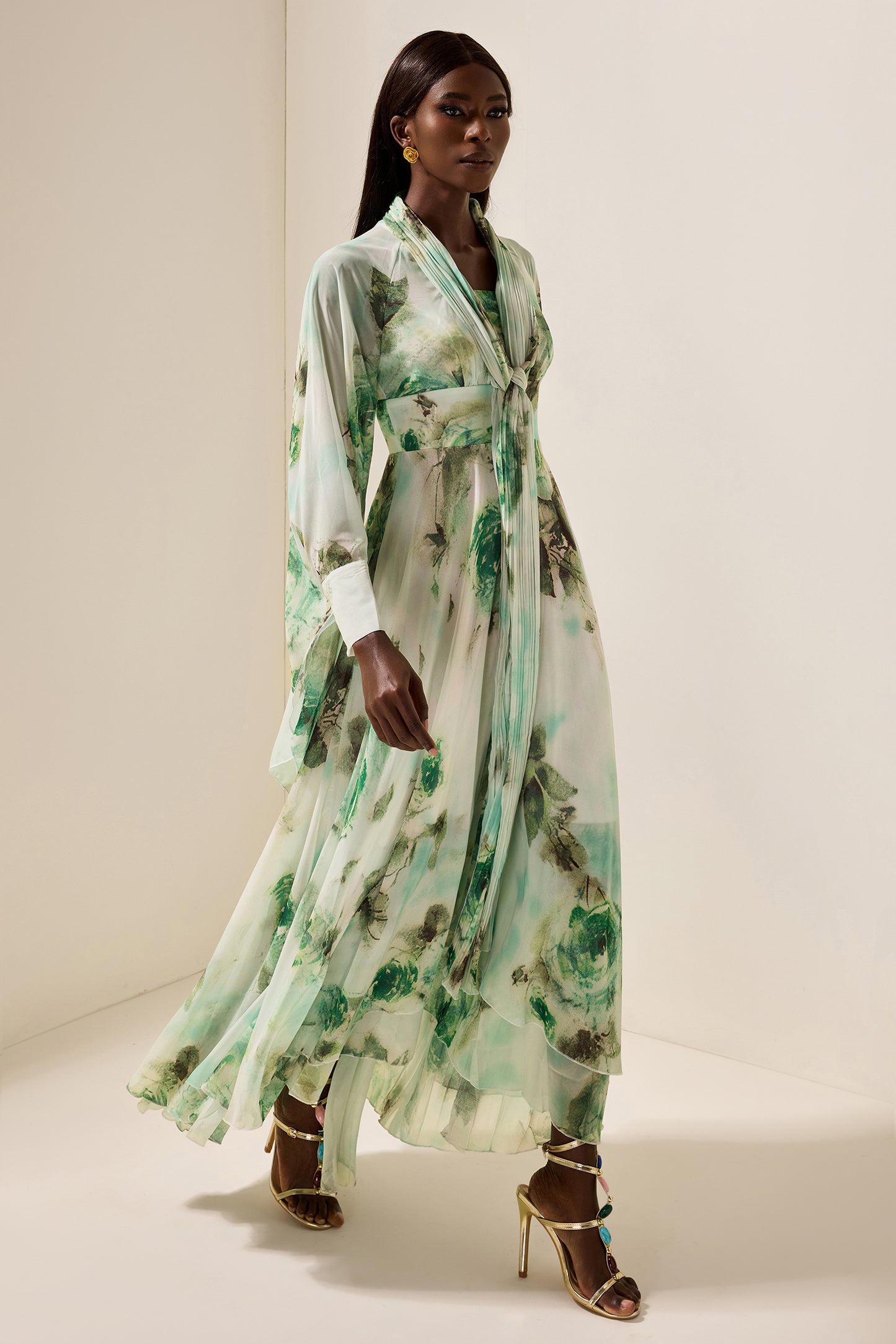 Floral Lace Up Long Sleeve Maxi Dress