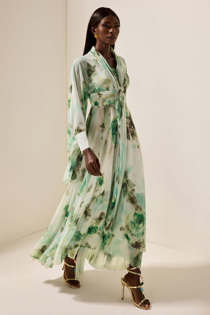 Floral Lace Up Long Sleeve Maxi Dress