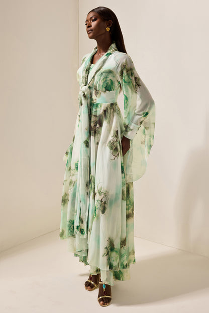 Floral Lace Up Long Sleeve Maxi Dress