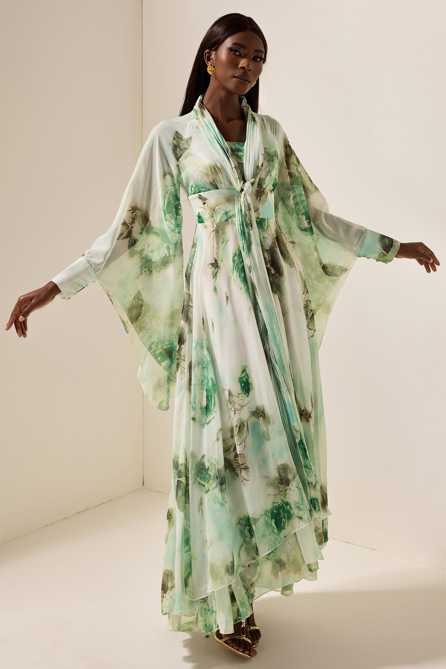 Floral Lace Up Long Sleeve Maxi Dress