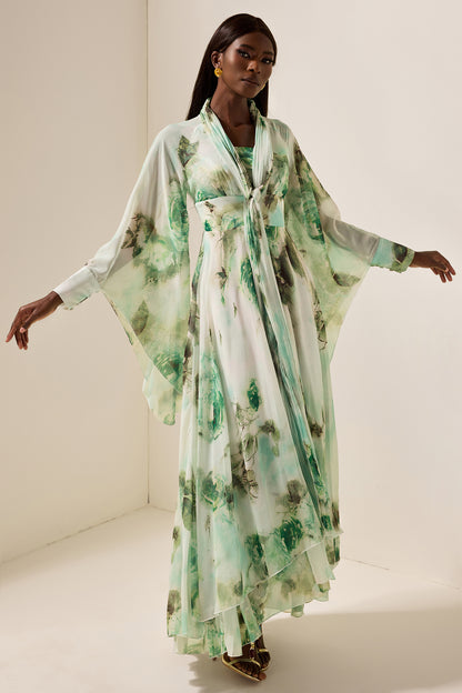 Floral Lace Up Long Sleeve Maxi Dress