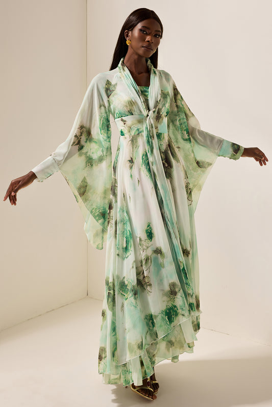 Floral Lace Up Long Sleeve Maxi Dress