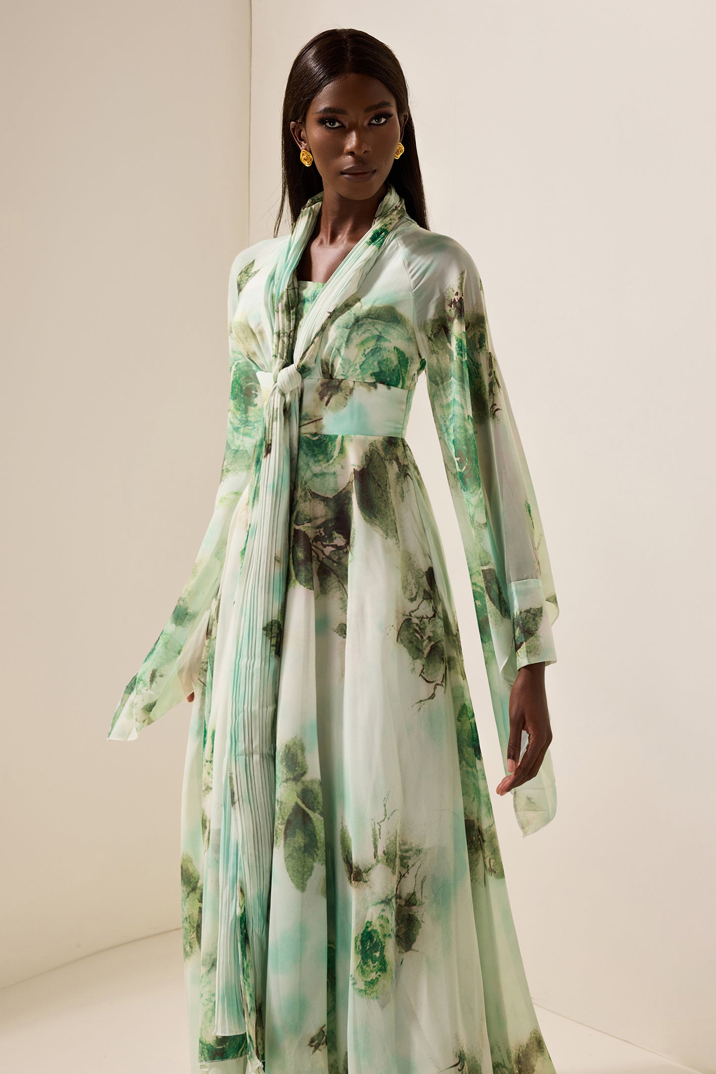 Floral Lace Up Long Sleeve Maxi Dress