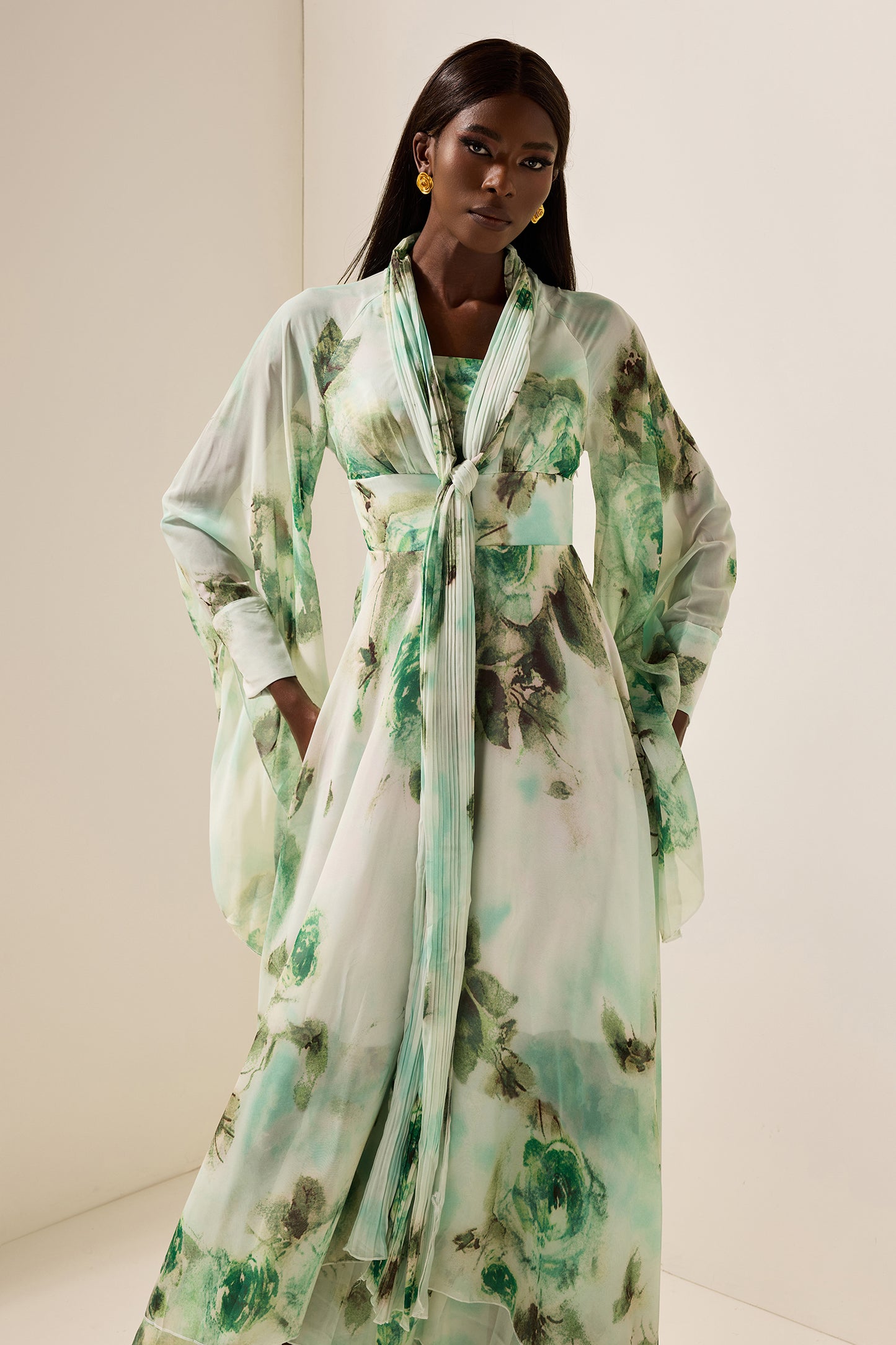 Floral Lace Up Long Sleeve Maxi Dress