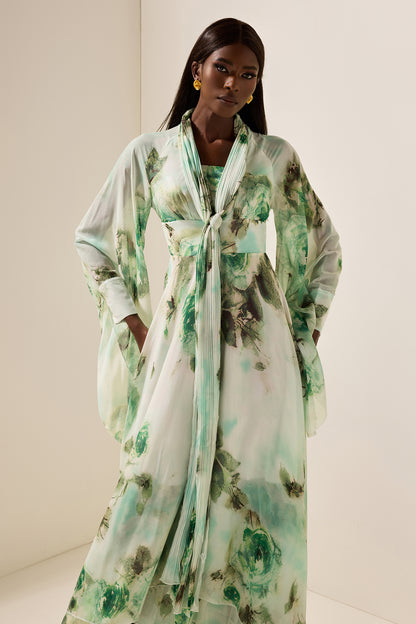 Floral Lace Up Long Sleeve Maxi Dress