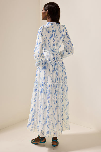 Floral Frill Lantern Sleeve Maxi Dress With Belt