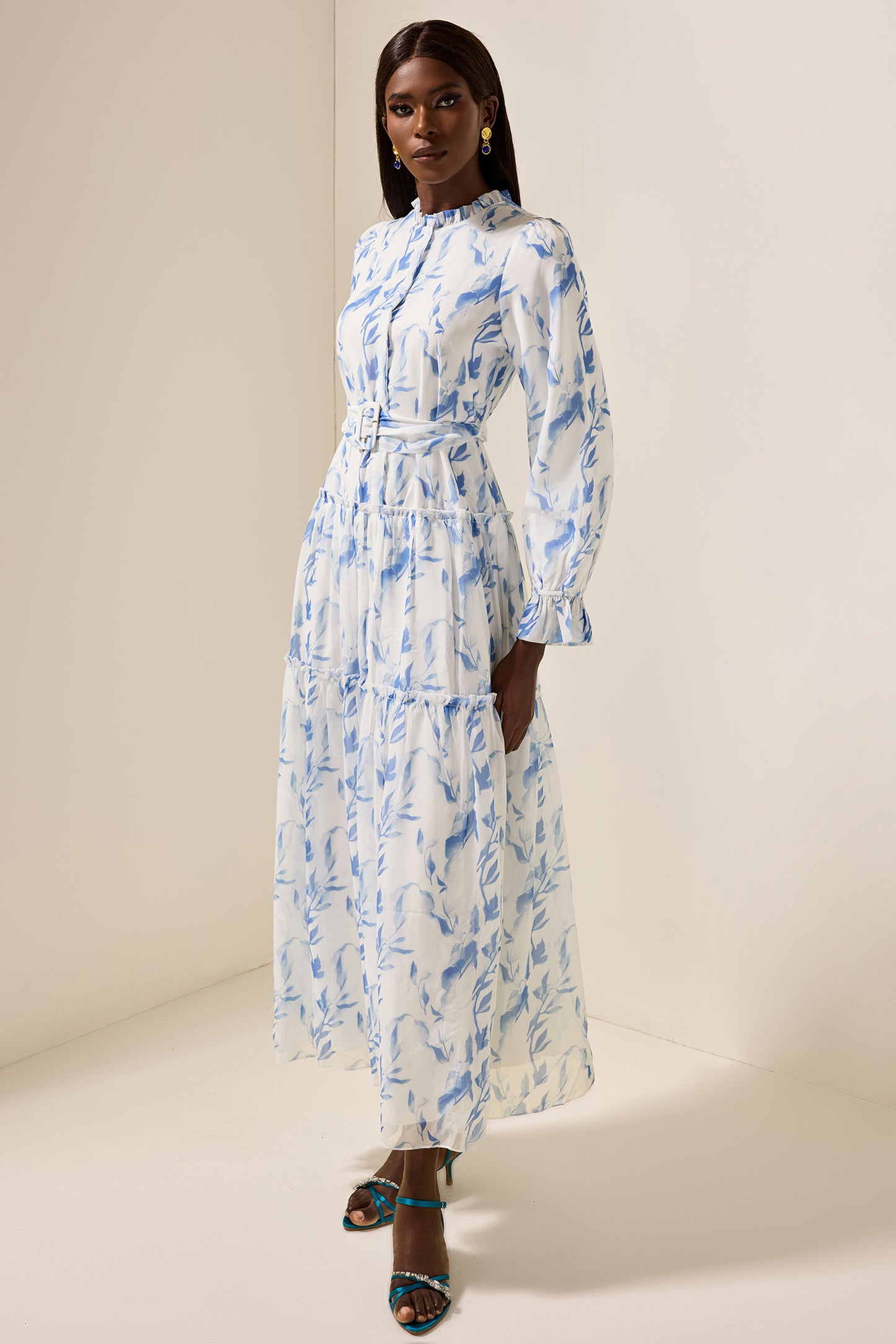 Floral Frill Lantern Sleeve Maxi Dress With Belt