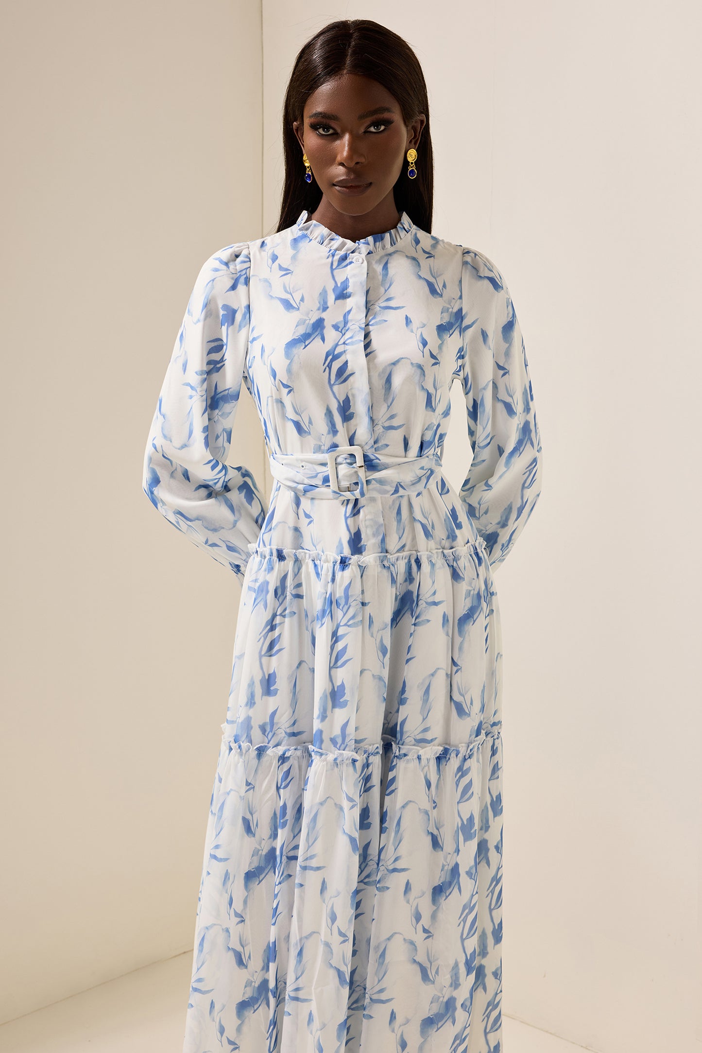 Floral Frill Lantern Sleeve Maxi Dress With Belt