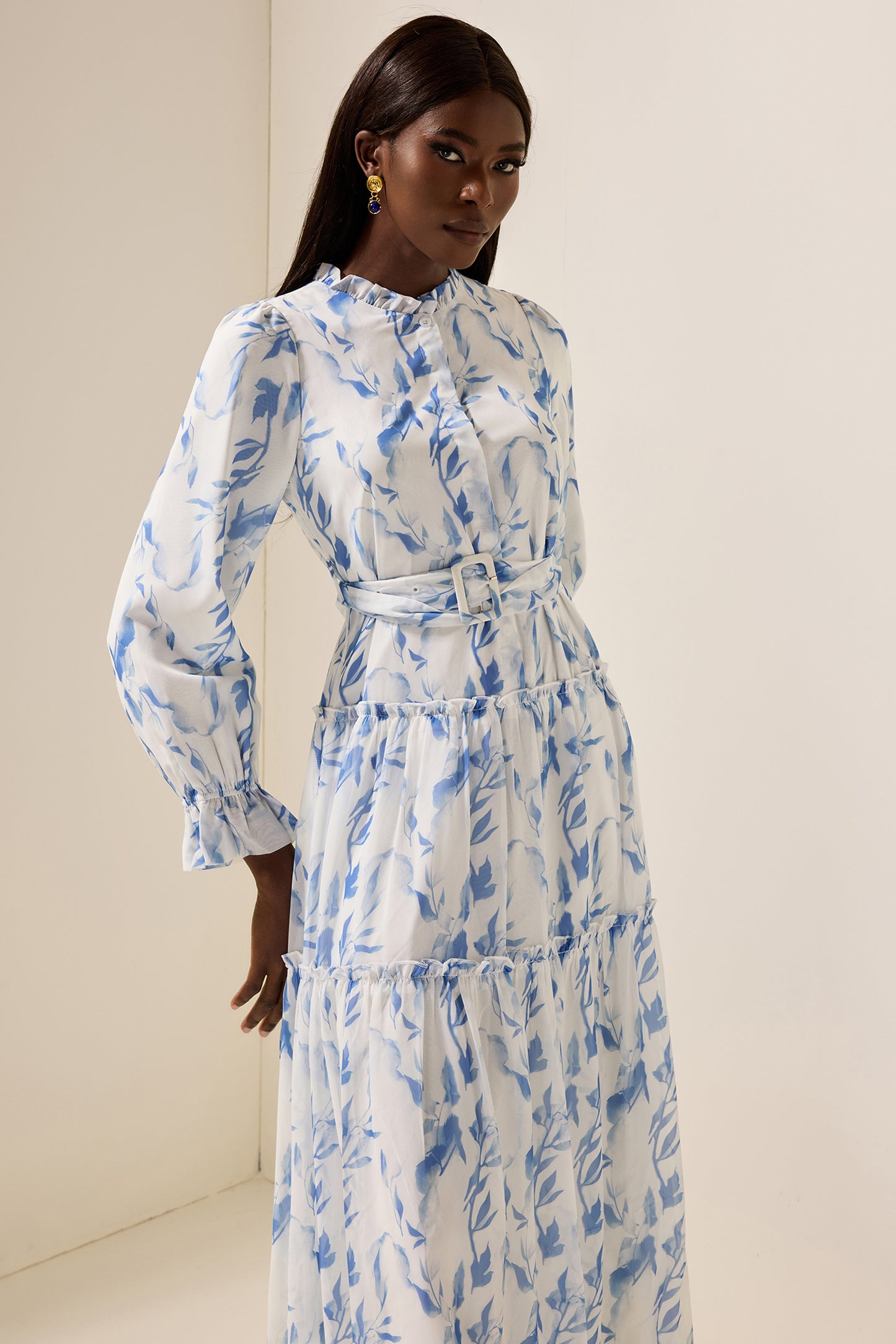 Floral Frill Lantern Sleeve Maxi Dress With Belt