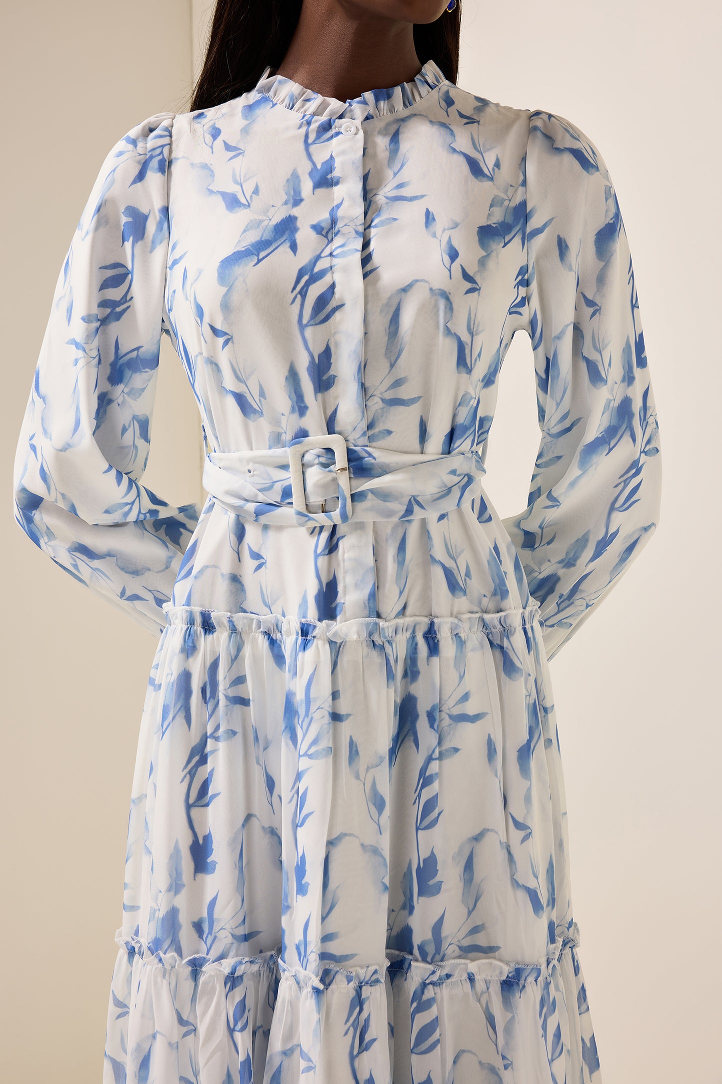 Floral Frill Lantern Sleeve Maxi Dress With Belt