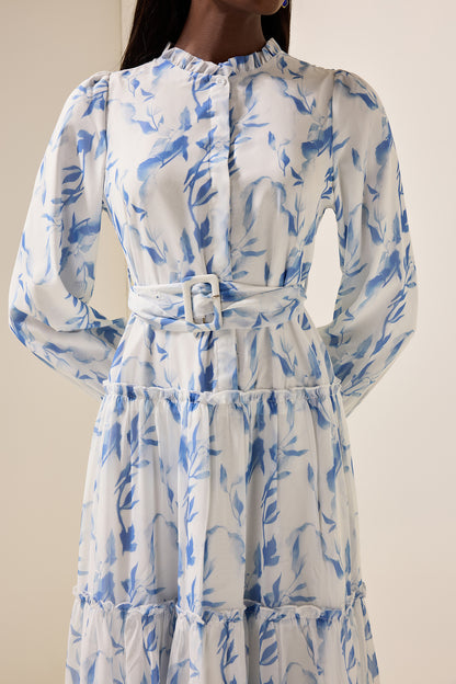 Floral Frill Lantern Sleeve Maxi Dress With Belt