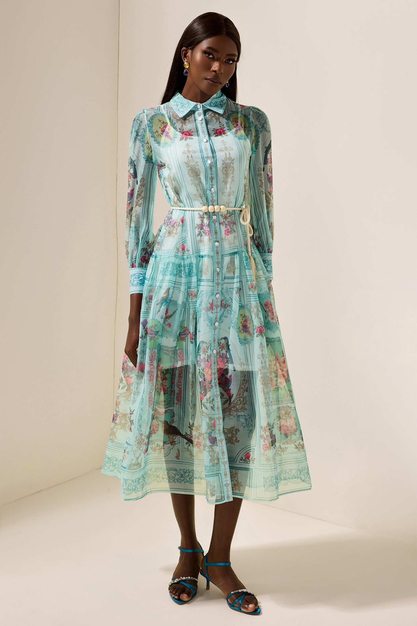 Shirt Collar Floral Lantern Sleeve Midi Dress