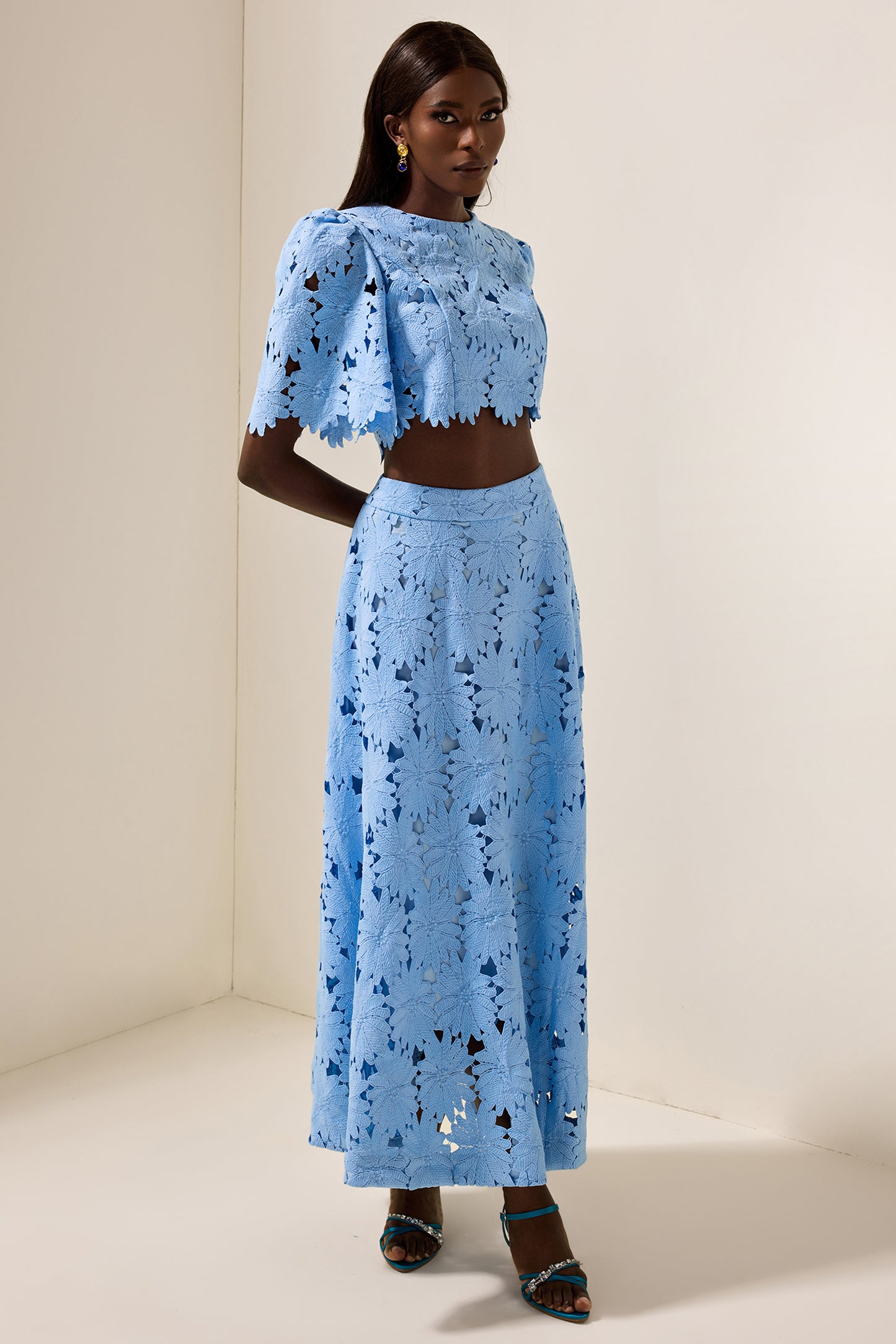Embroidered Solid Top ＆ Mid Waist Embroidered Skirt Set
