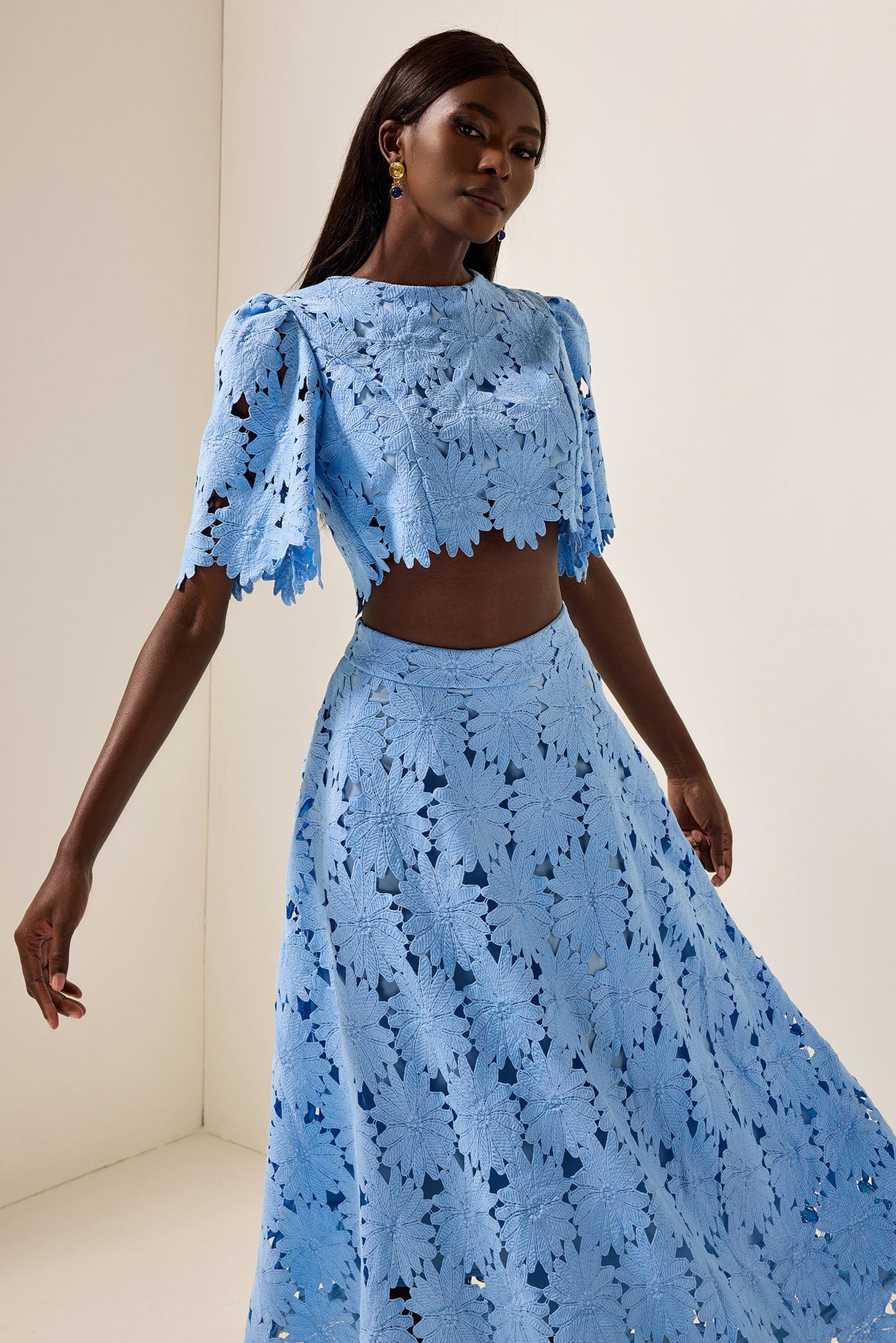 Embroidered Solid Top ＆ Mid Waist Embroidered Skirt Set