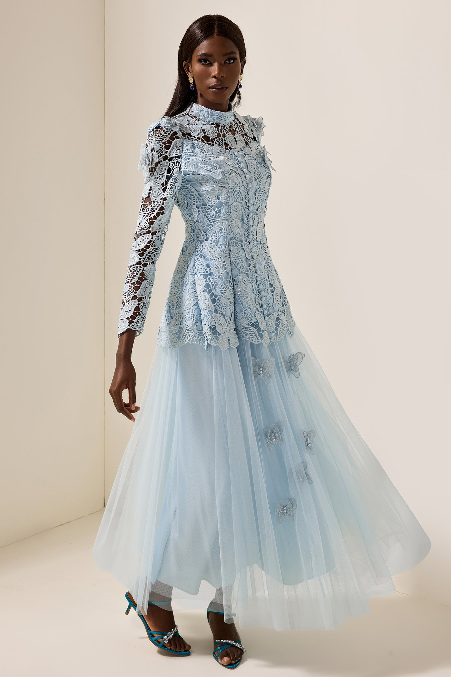 Embroidery Solid Top & Mesh Midi Skirt Set