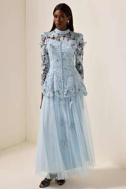 Embroidery Solid Top & Mesh Midi Skirt Set