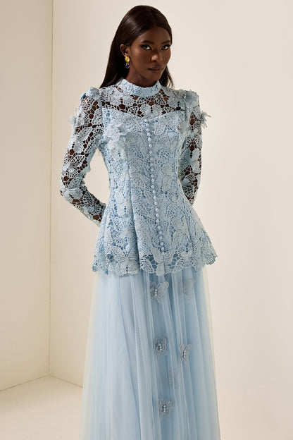 Embroidery Solid Top & Mesh Midi Skirt Set