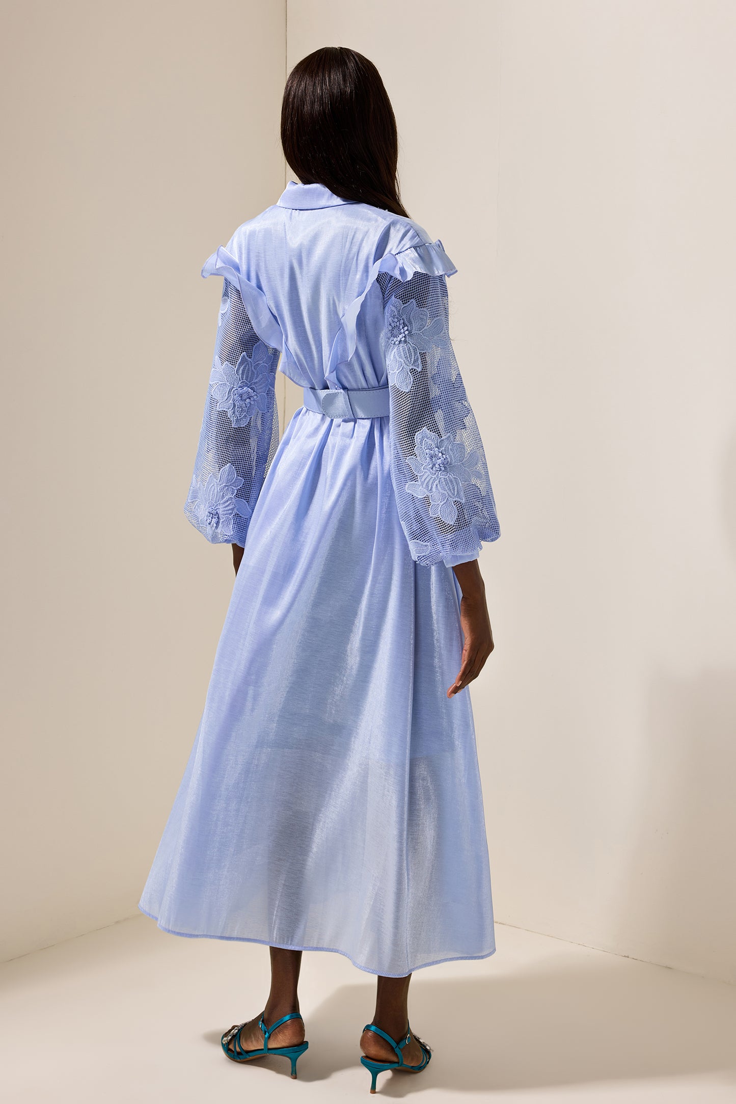 Lace Solid Frill Midi Dress With Belt