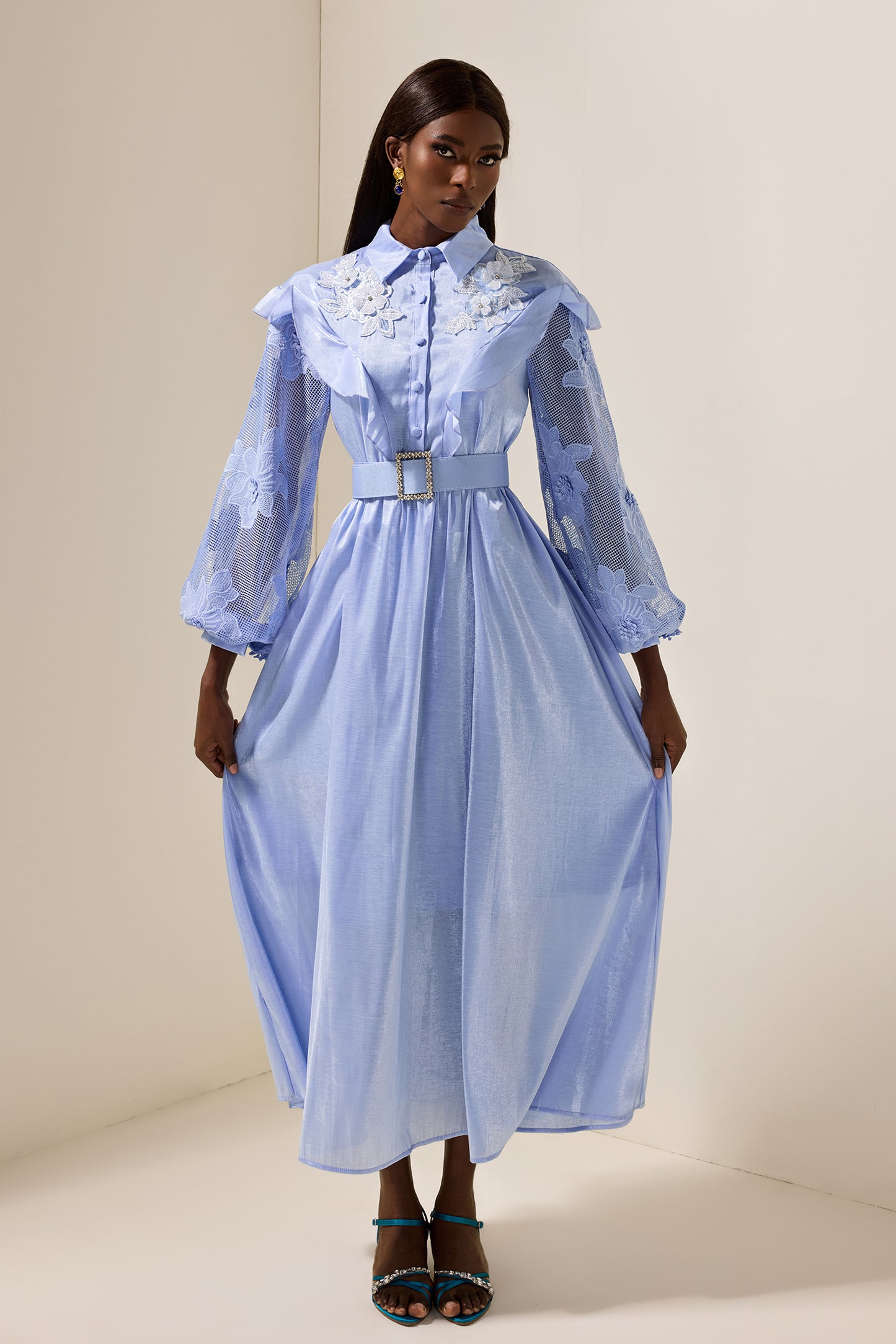 Lace Solid Frill Midi Dress With Belt