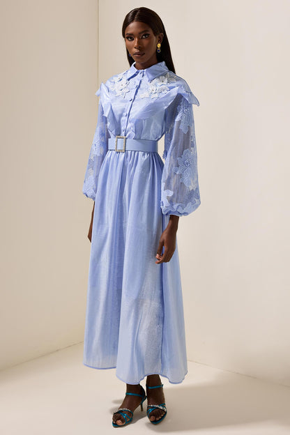 Lace Solid Frill Midi Dress With Belt