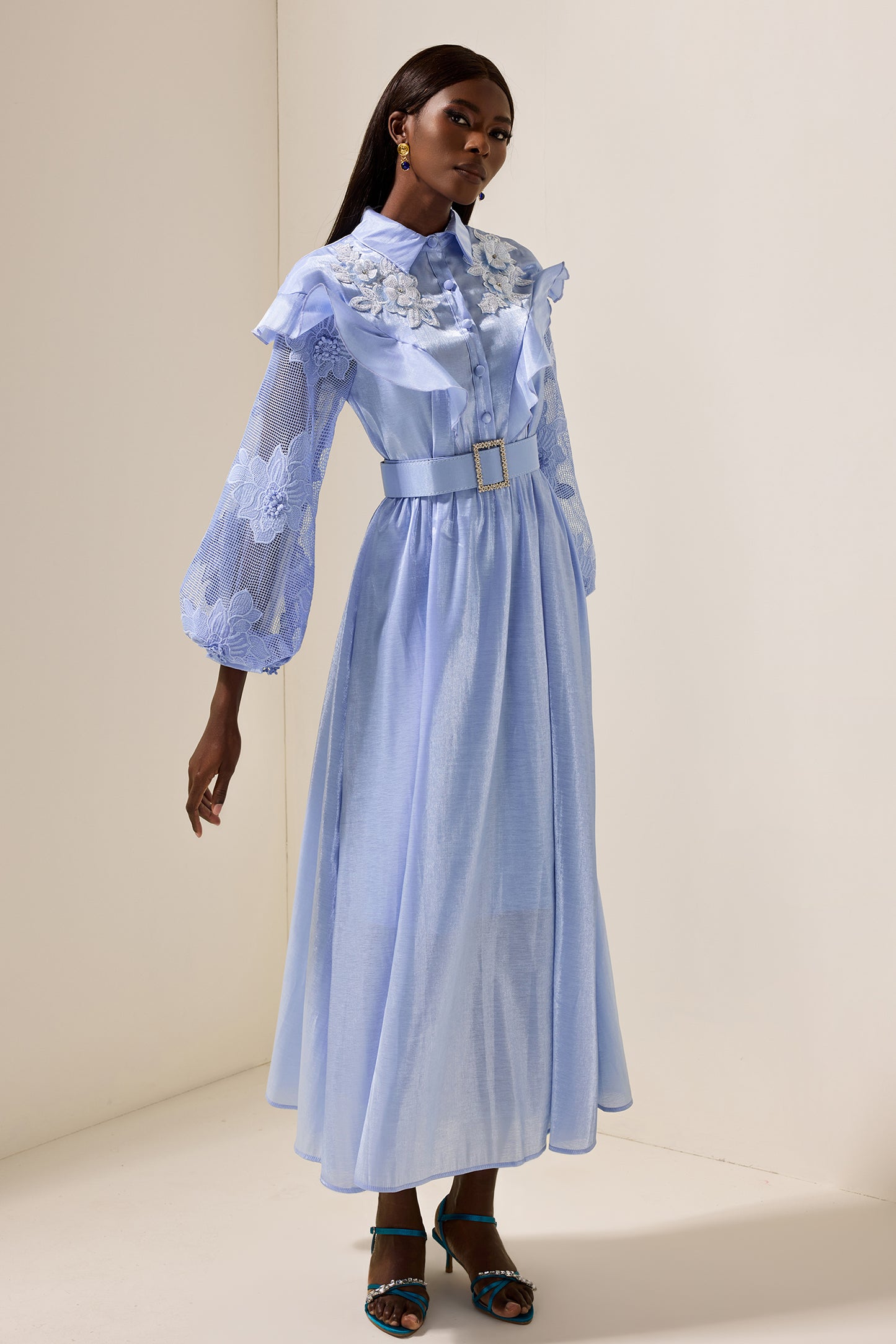 Lace Solid Frill Midi Dress With Belt