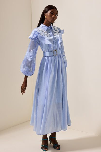 Lace Solid Frill Midi Dress With Belt